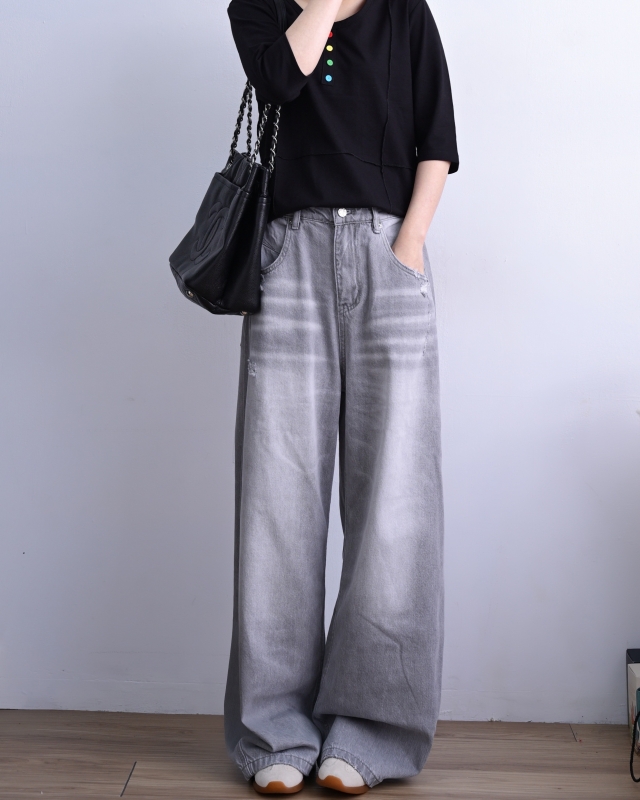 韓 微刷破黑牛仔褲 size