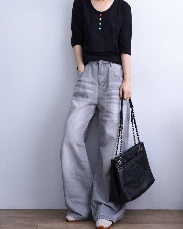 韓 微刷破黑牛仔褲 size