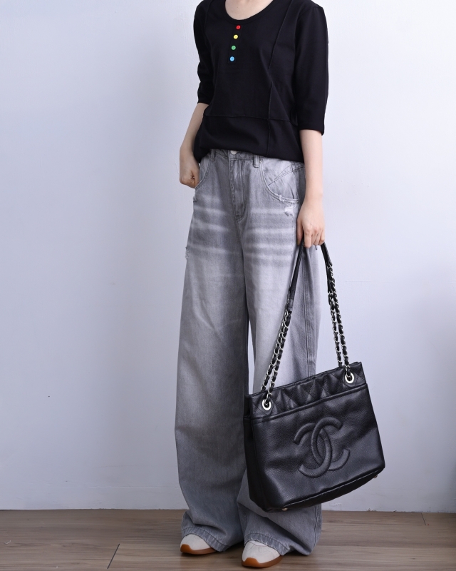 韓 微刷破黑牛仔褲 size