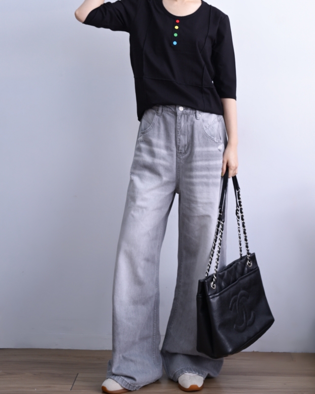 韓 微刷破黑牛仔褲 size