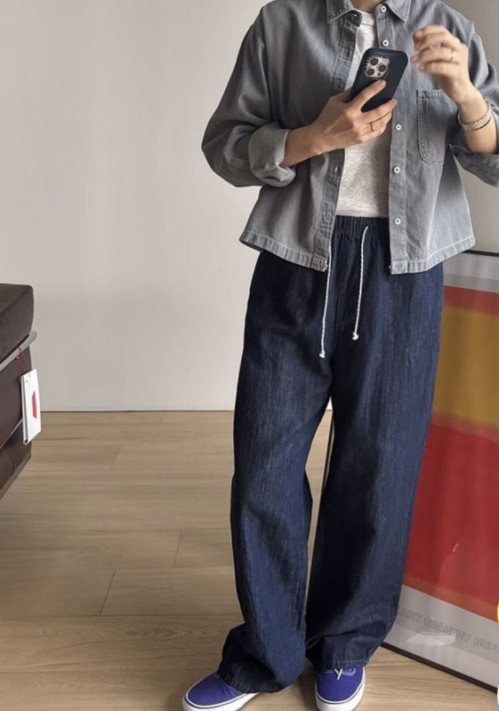 韓 深藍直筒寬褲 size