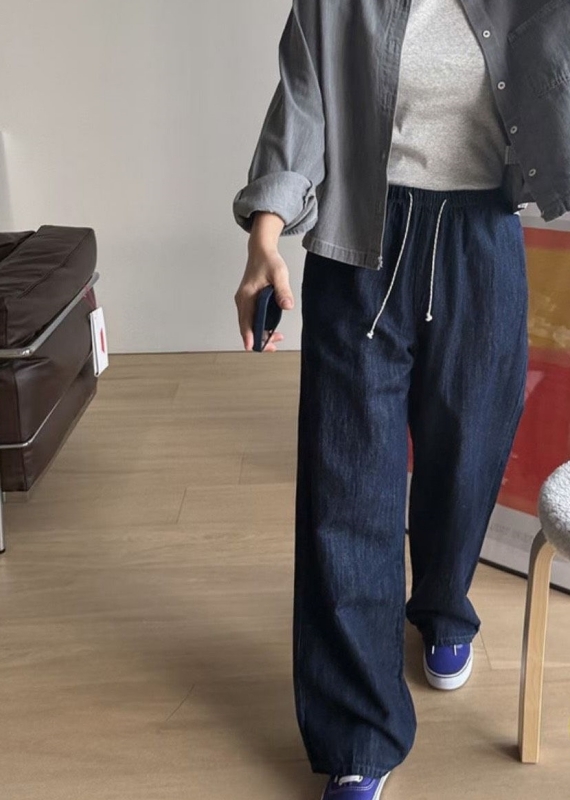 韓 深藍直筒寬褲 size