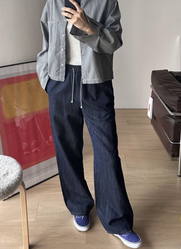 韓 深藍直筒寬褲 size