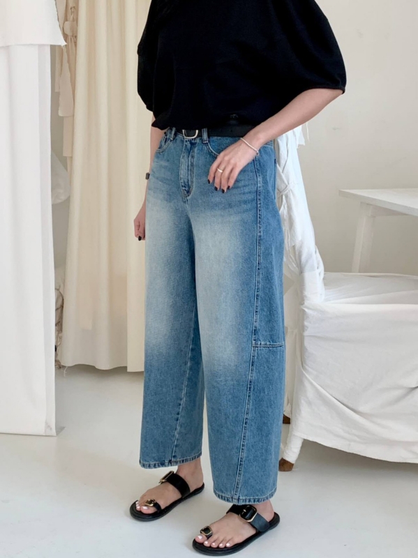 韓 橫車線刷白牛仔寬褲 2色 size