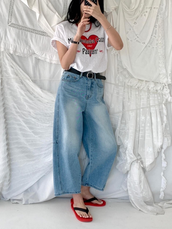 韓 橫車線刷白牛仔寬褲 2色 size