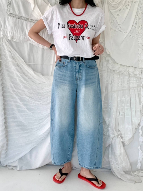 韓 橫車線刷白牛仔寬褲 2色 size