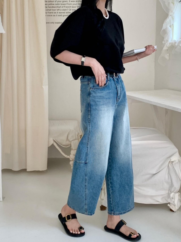 韓 橫車線刷白牛仔寬褲 2色 size