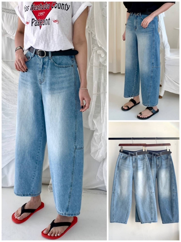 韓 橫車線刷白牛仔寬褲 2色 size