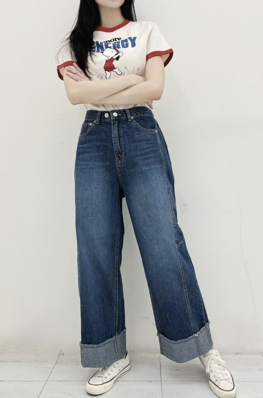 韓 後腰鬆緊牛仔小寬褲 size