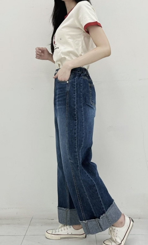 韓 後腰鬆緊牛仔小寬褲 size