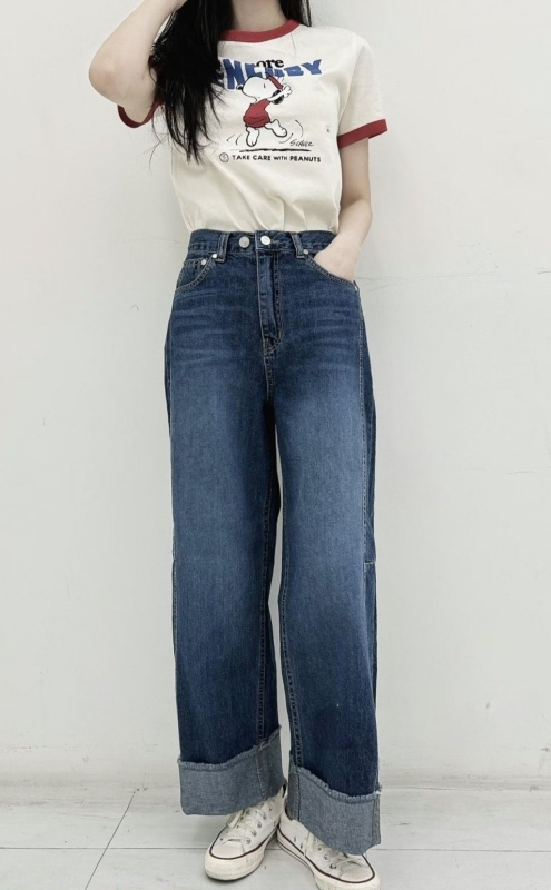 韓 後腰鬆緊牛仔小寬褲 size