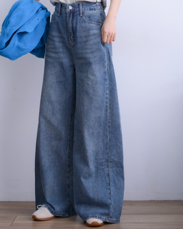 韓 後腰鬆緊刷色牛仔寬褲