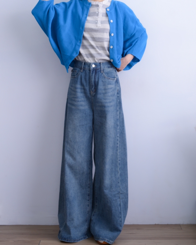 韓 後腰鬆緊刷色牛仔寬褲