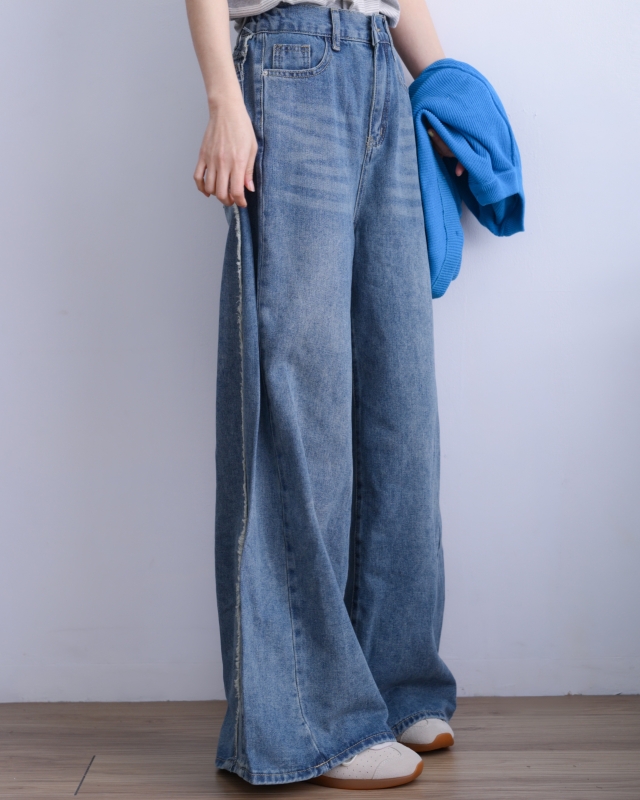 韓 後腰鬆緊刷色牛仔寬褲