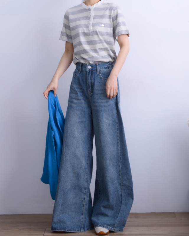 韓 後腰鬆緊刷色牛仔寬褲