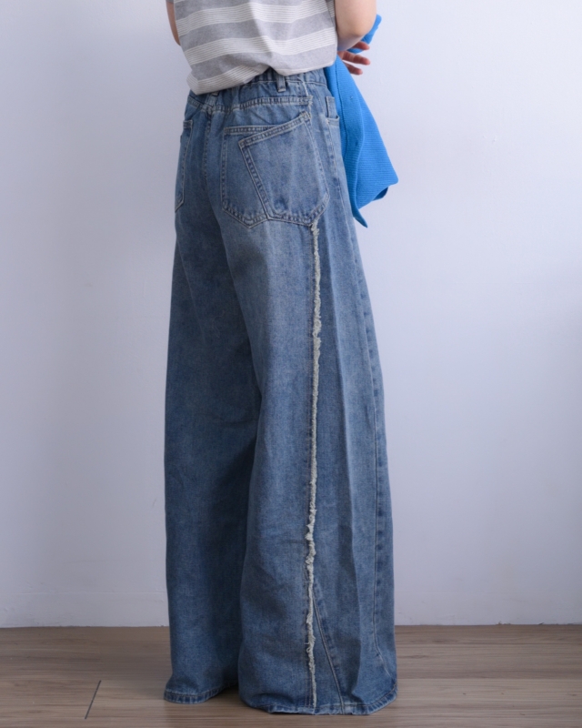 韓 後腰鬆緊刷色牛仔寬褲