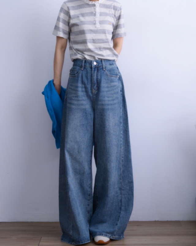 韓 後腰鬆緊刷色牛仔寬褲