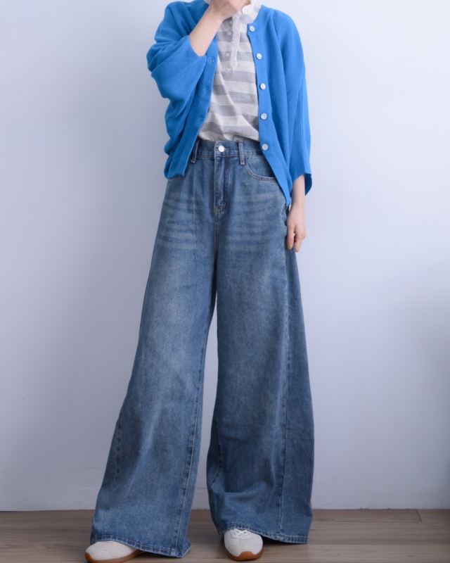 韓 後腰鬆緊刷色牛仔寬褲