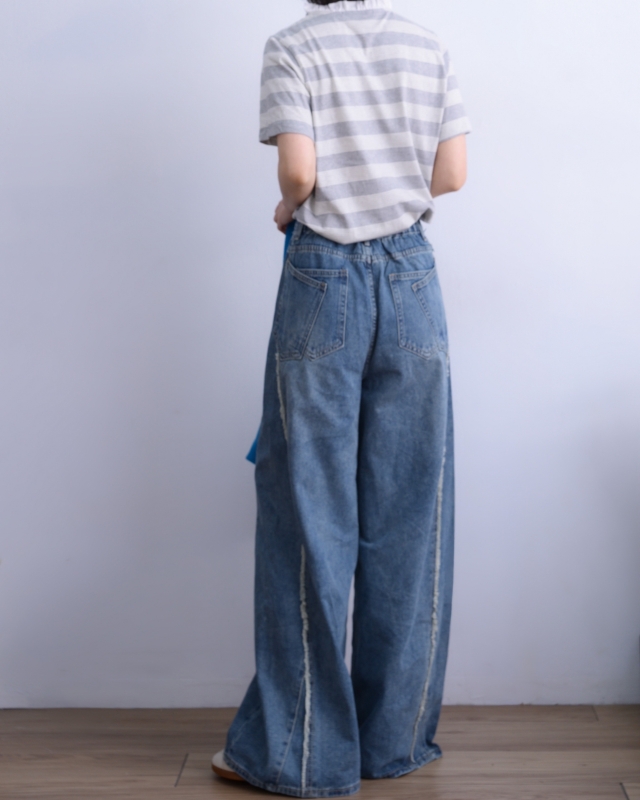 韓 後腰鬆緊刷色牛仔寬褲