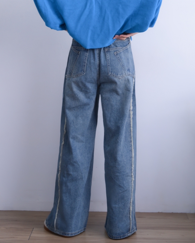 韓 後腰鬆緊刷色牛仔寬褲