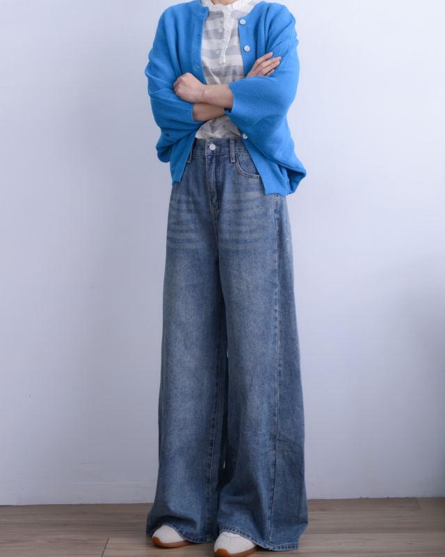 韓 後腰鬆緊刷色牛仔寬褲