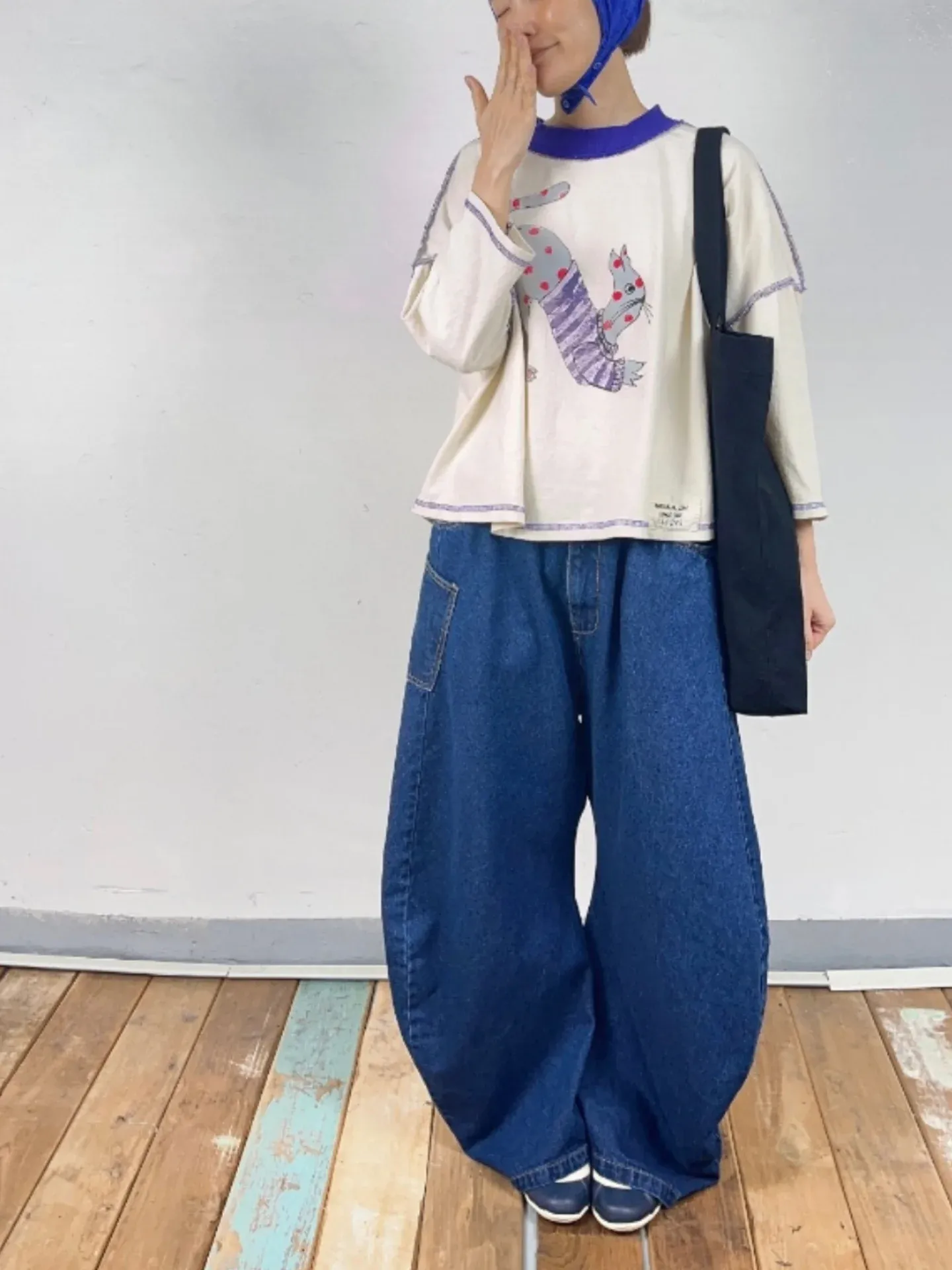 韓 彎彎牛仔寬褲 2色