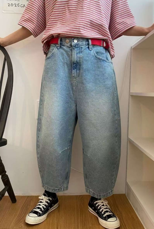 韓 紅腰帶牛仔寬褲