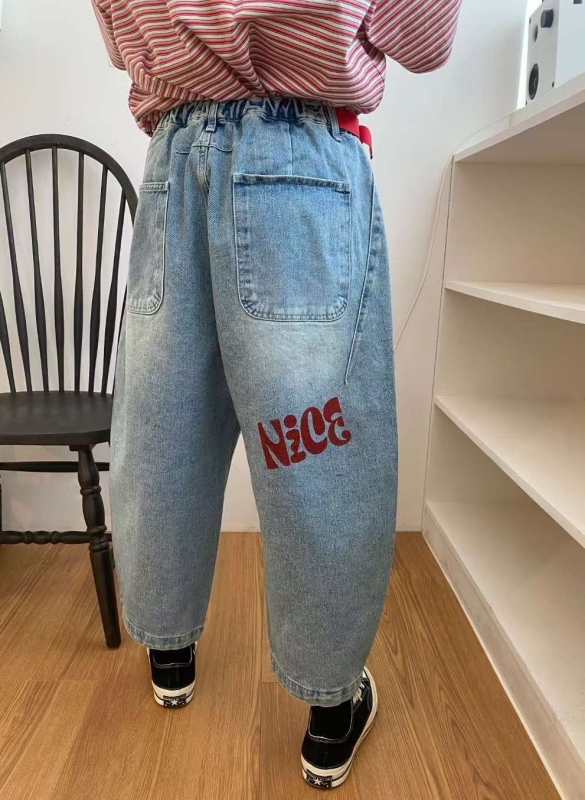 韓 紅腰帶牛仔寬褲