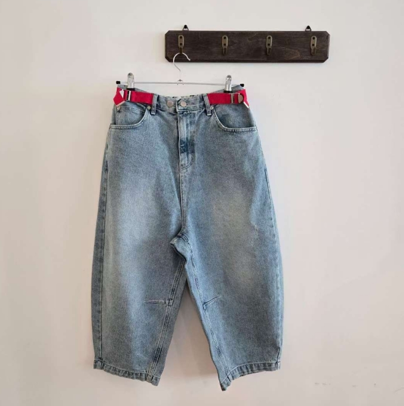 韓 紅腰帶牛仔寬褲