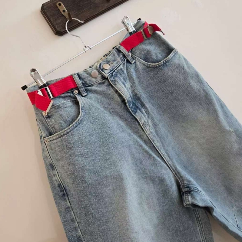 韓 紅腰帶牛仔寬褲