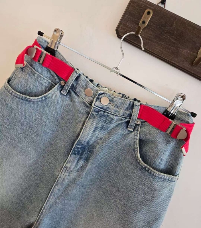 韓 紅腰帶牛仔寬褲