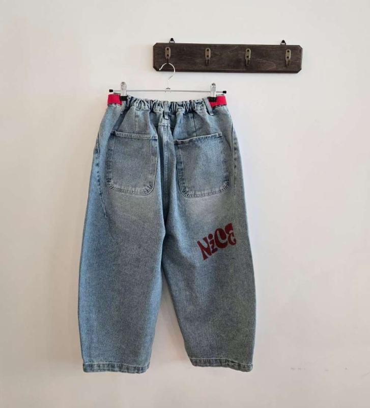 韓 紅腰帶牛仔寬褲