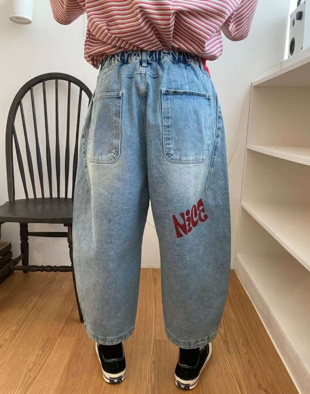 韓 紅腰帶牛仔寬褲