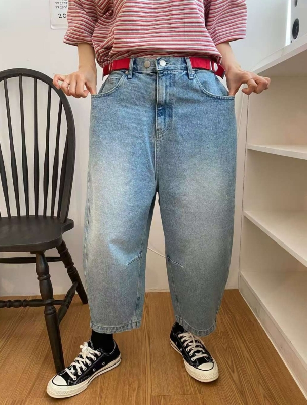 韓 紅腰帶牛仔寬褲