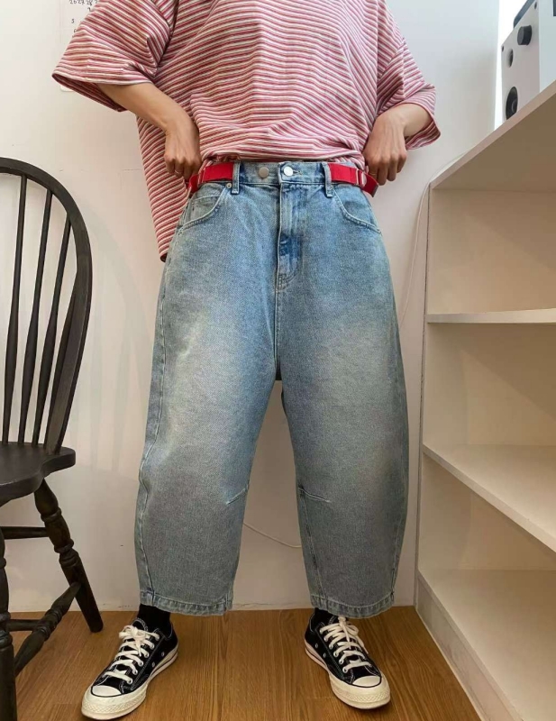 韓 紅腰帶牛仔寬褲