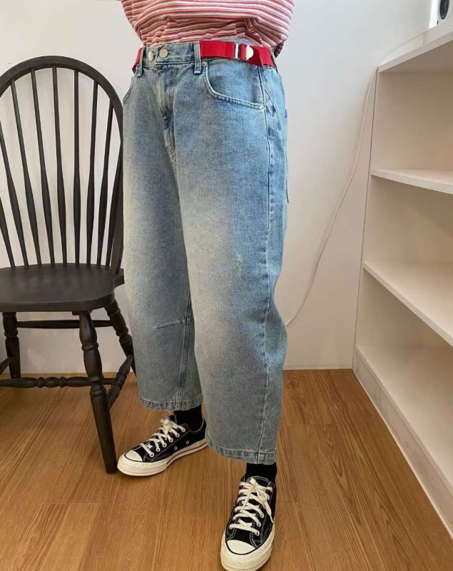 韓 紅腰帶牛仔寬褲