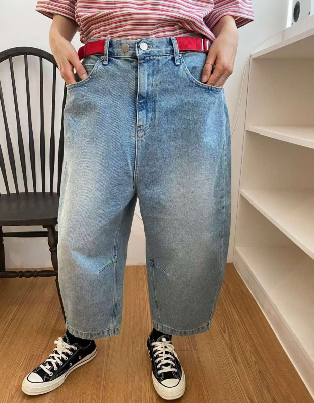 韓 紅腰帶牛仔寬褲