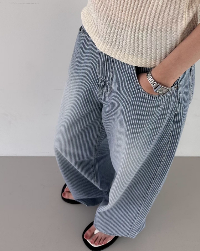 韓 刷白細直條寬褲 2色