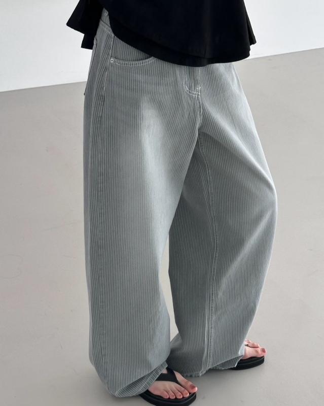 韓 刷白細直條寬褲 2色