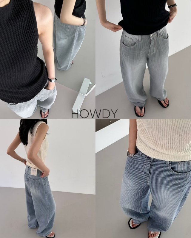韓 刷白細直條寬褲 2色