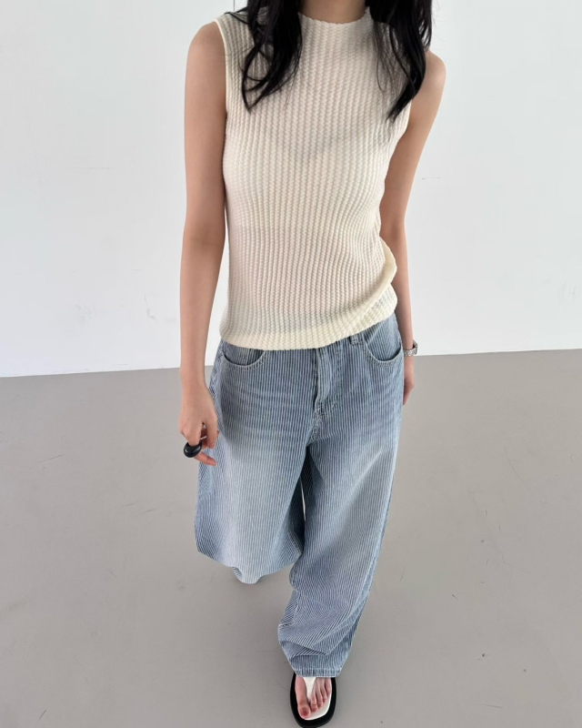 韓 刷白細直條寬褲 2色