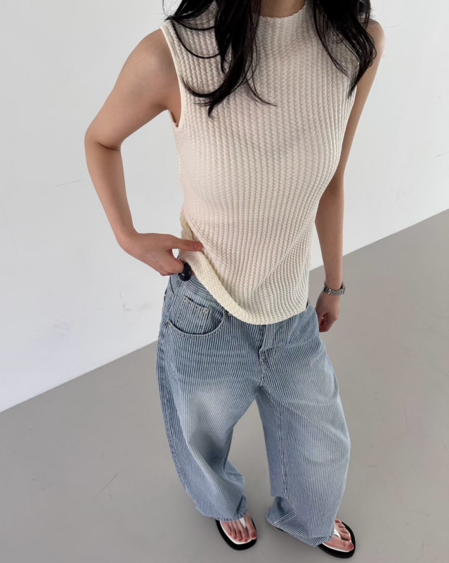 韓 刷白細直條寬褲 2色