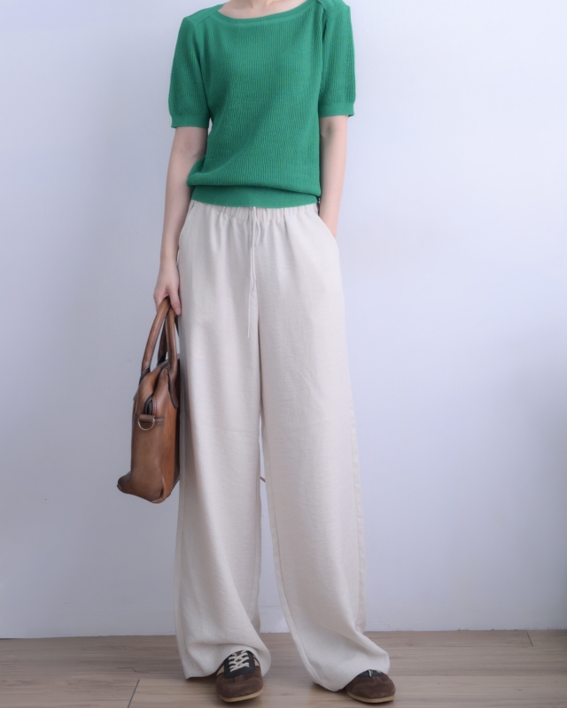 韓 素色麻料長褲 3色 size