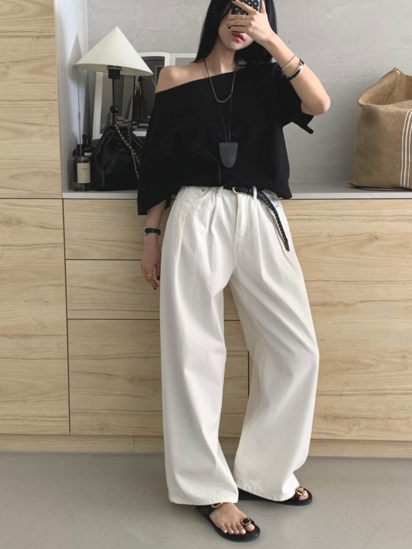 韓 前打折後腰鬆緊寬褲 2色