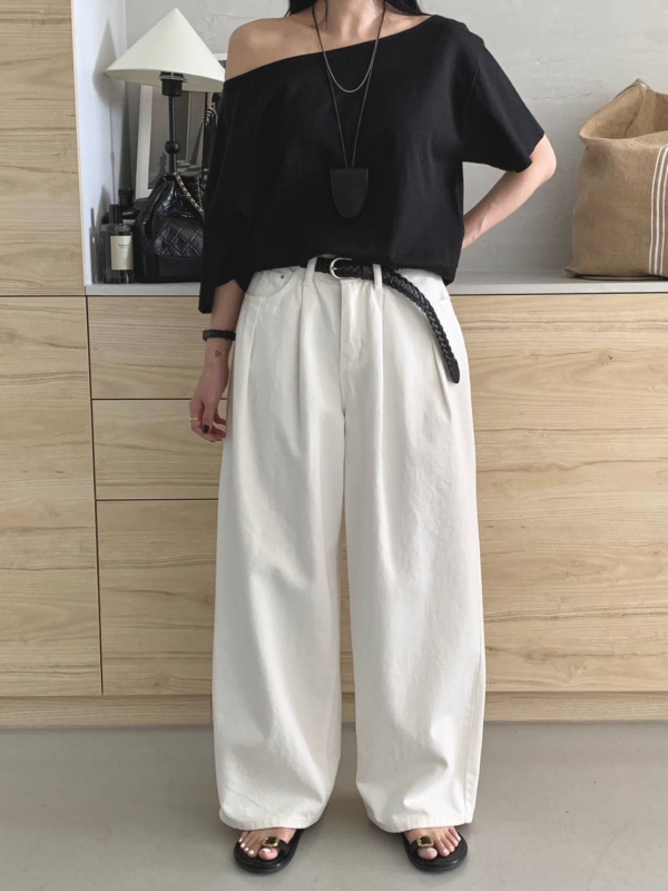 韓 前打折後腰鬆緊寬褲 2色