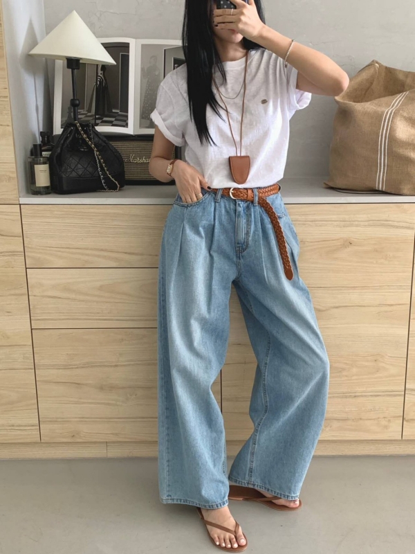 韓 前打折後腰鬆緊寬褲 2色