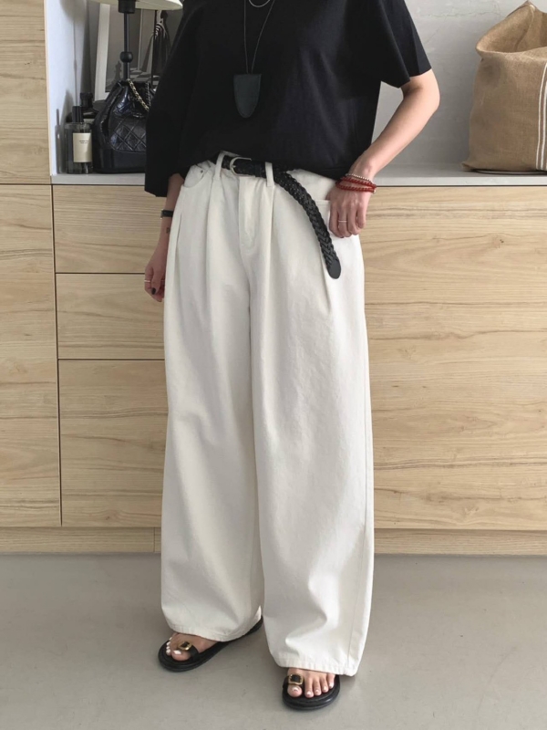 韓 前打折後腰鬆緊寬褲 2色