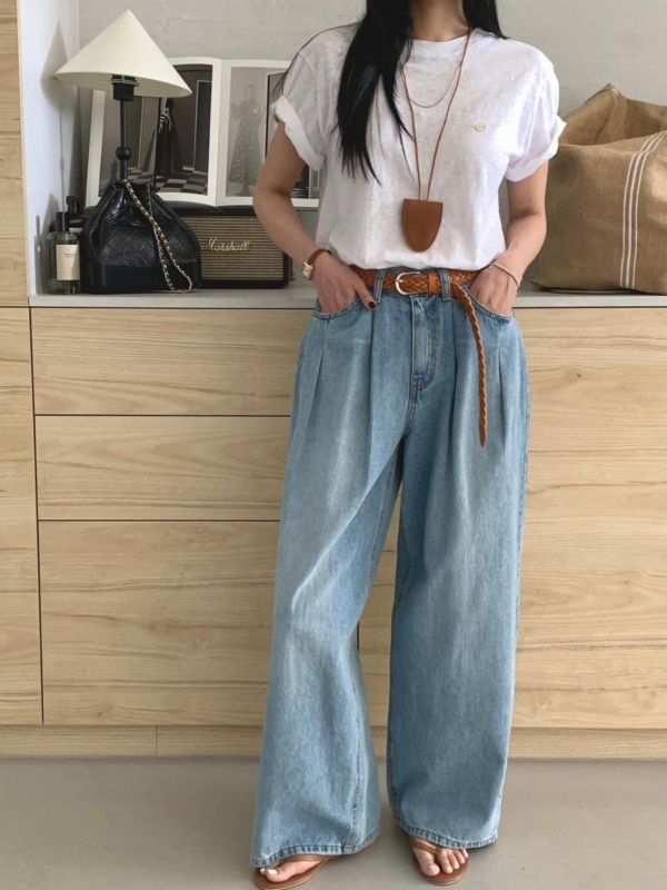 韓 前打折後腰鬆緊寬褲 2色