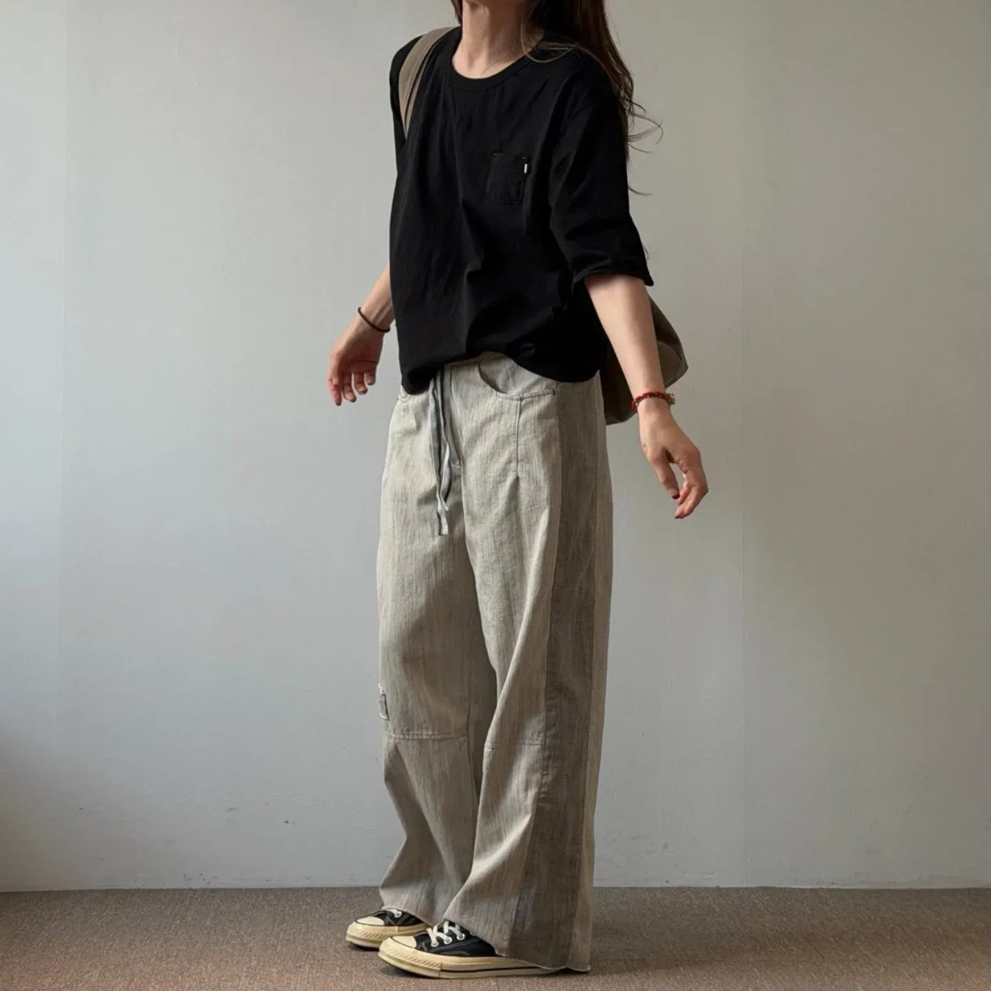 韓 側拚色綁帶小寬褲 3色 size