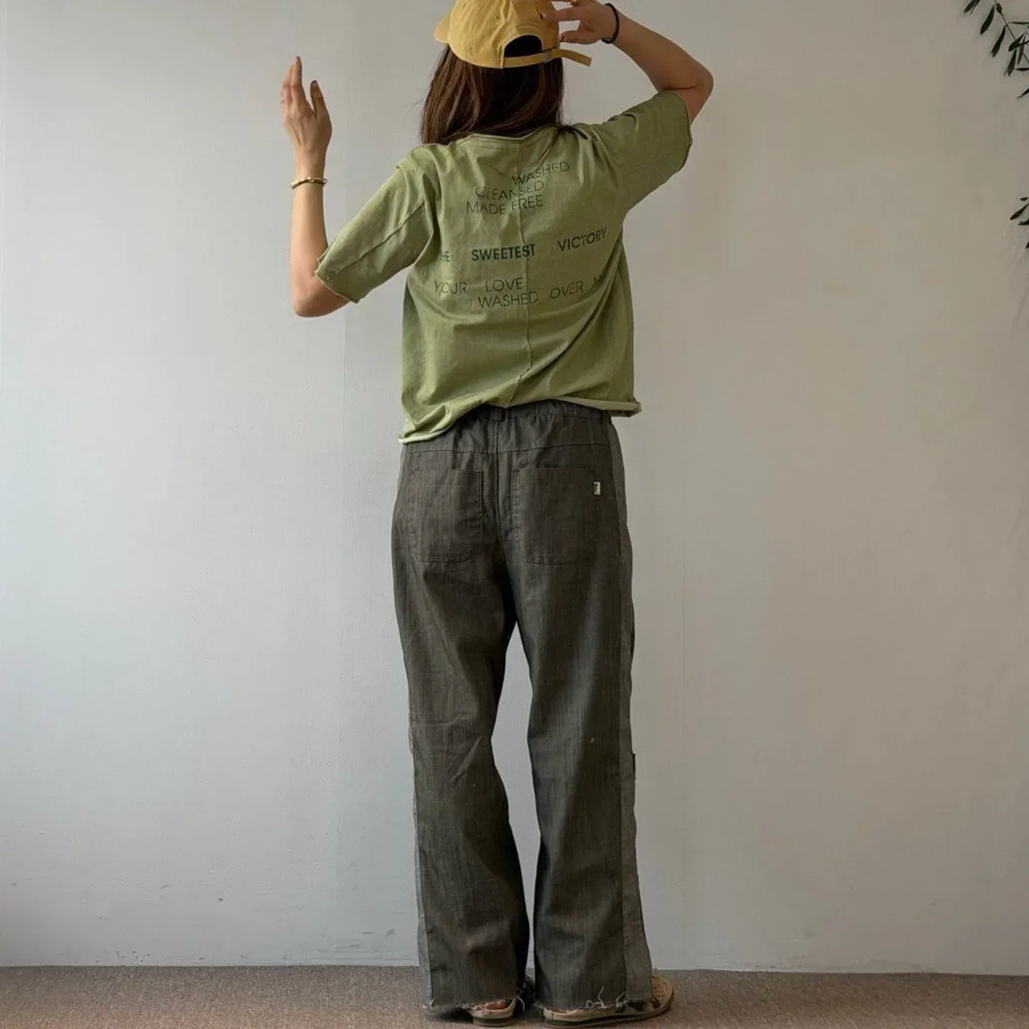 韓 側拚色綁帶小寬褲 3色 size